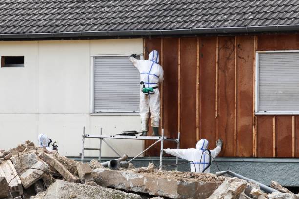 professionals in protective suits remove asbestos on a wall - removing imagens e fotografias de stock