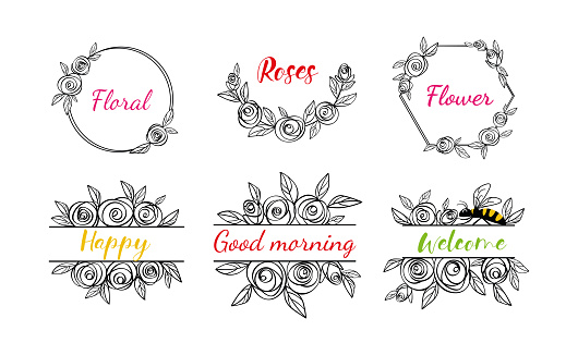 Set floral monograms in form of a frame on an isolated background. Monograms split with honey bee. Rose flower wreaths. Silhouette for plotter cutting SVG. Frame for decorating names at the wedding.