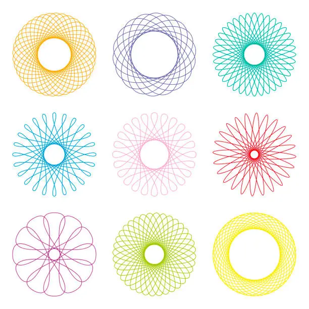 Vector illustration of Colored patterns like spirograph drawings. Isolated vector illustration on white background.