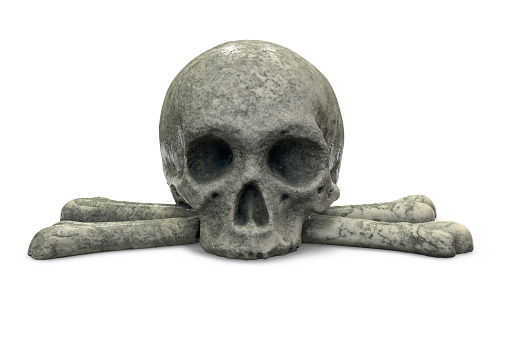 3D render of stone skull and crossbones isolated on white background