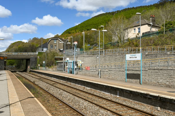 Merthyr Tydfil, Wales - May 2021: Merthyr Vale railway station in South Wales. The line links Merthyr Tydfil with Cardiff.