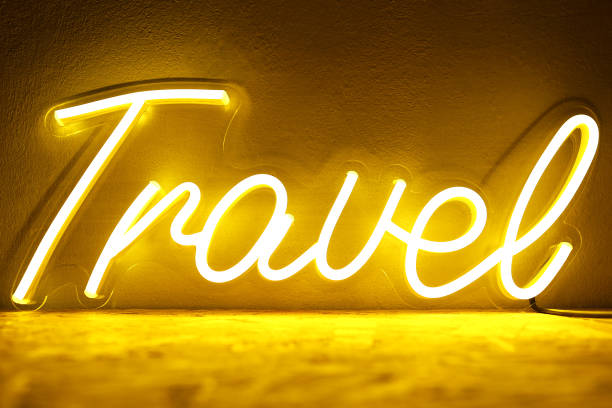 istock Yellow neon sign travel. Trendy style. 1324094140