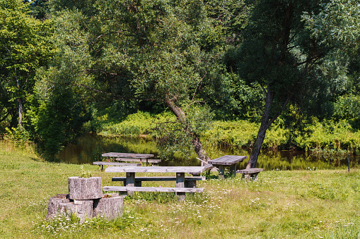 wooden benches and tables in the meadow by the river; resting place in an uncut lawn