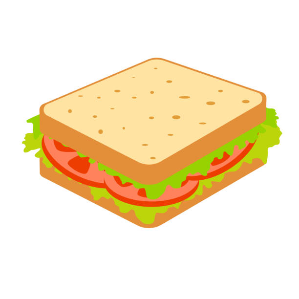 ilustraciones, imágenes clip art, dibujos animados e iconos de stock de sándwich con tomate y ensalada. cartel de comida rápida sobre fondo blanco. ilustración vectorial en estilo plano. - sandwich ham white background lunch