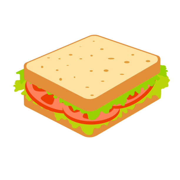 토마토와 샐러드와 샌드위치. 흰색 배경에 패스트 푸드 기호. 플랫 스타일로 벡터 그림. - sandwich ham white background lunch stock illustrations