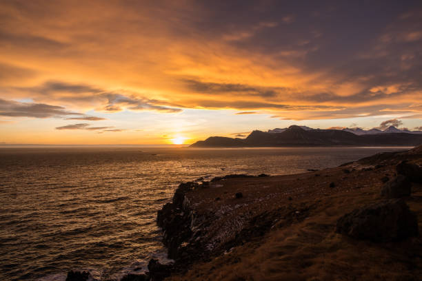 Sunset in Breiddalsvik in east Icelandic countryside landscape