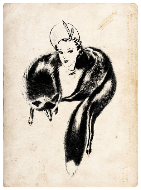 ilustraciones, imágenes clip art, dibujos animados e iconos de stock de mujer joven con piel de zorro sombrero vintage. estilo de moda de la década de 1930 - 1930