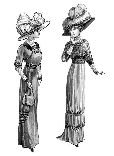 женщины в старинных элегантные шляпы платье изолированы. античная мода париж - 1910s style stock illustrations