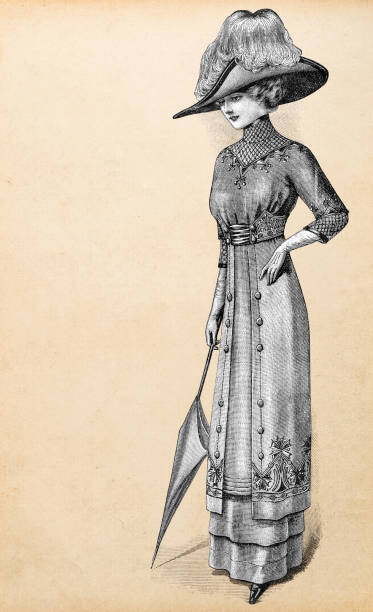 женщина винтаж элегантное платье шляпу. античная мода гравюры - 1910s style stock illustrations