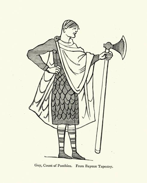 guy i, hrabia ponthieu, ubrany w zbroję w skali, trzymający battleaxe, xi wiek - tkanina z bayeux stock illustrations