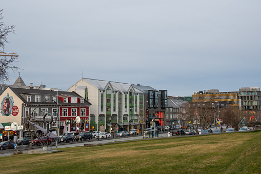 Reykjavik Iceland - November 2. 2019: Street Laekjargata in the center of the capital