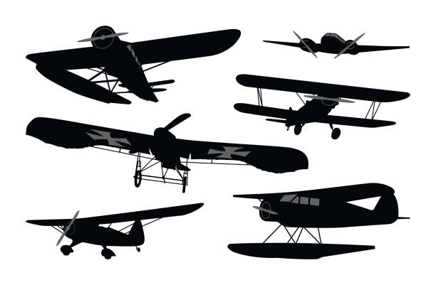 ilustrações, clipart, desenhos animados e ícones de aeronaves históricas e aviões voadores antigos - airplane biplane retro revival old fashioned