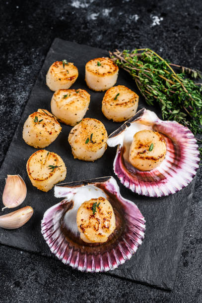 istock Fried seafood scallops meat with butter in a shells. Black background. Top view 1324103402
