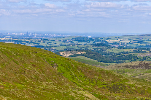 View from near Snake Road, outside Glossop, looking west with Manchester just visible in the far distance.