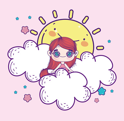 kawaii anime girl on clouds cartoon