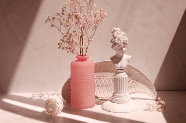 Retro interior composition with sunlight and shadows in minimalist style.