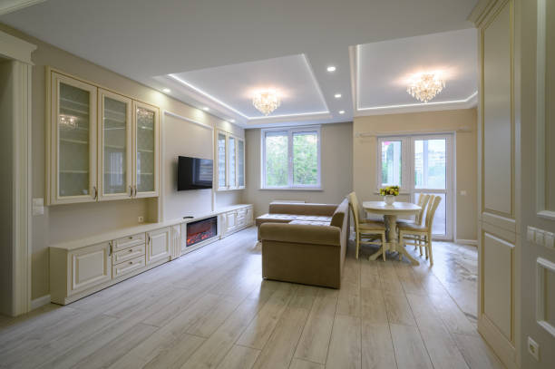 istock Modern large luxurious kitchen and dining room in studio apartment 1324111384