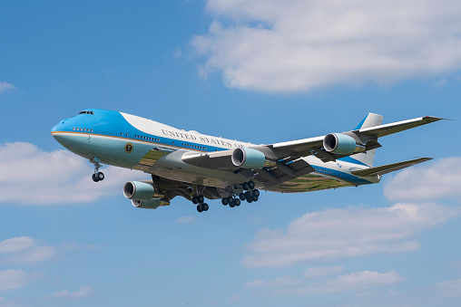 USAF Air Force One Boeing VC-25A plane with US President Joe Biden landing at London Heathrow Airport, UK, for onward transport to meet the Queen