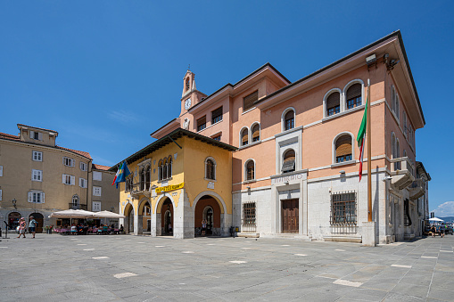 Muggia, Italy. June 13, 2021. An outdoor view of the City Hall palace in the town center