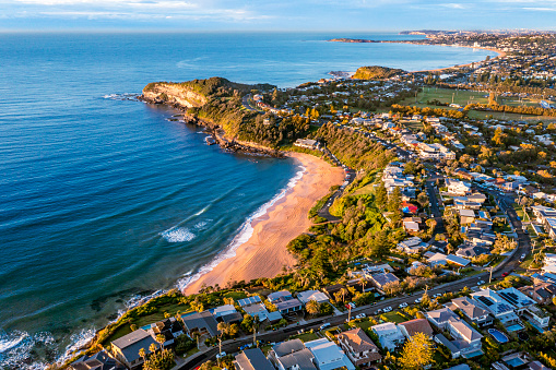 Aerial view of Warriewood, with Turimetta Headland, Warriewood & Turimetta Beach at the Northern beaches, Sydney, Australia