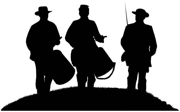 American Civil war drummer boys and soldier on a hill vector illustration silhouette in black on white background of two American Civil war era drummer boys and a soldier on a hill battle reenactment stock illustrations