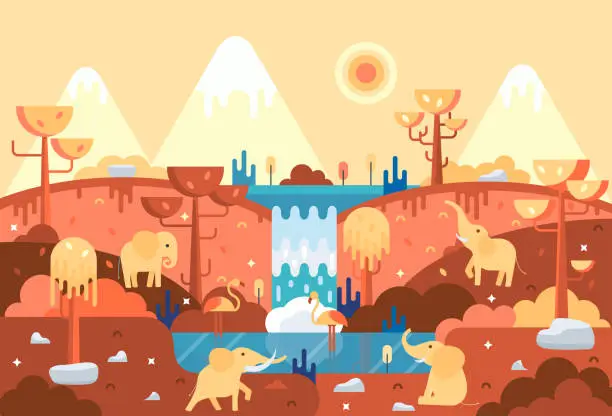 Vector illustration of Four elephants in flat cartoon stile - panorama with animals near water, africa landscape