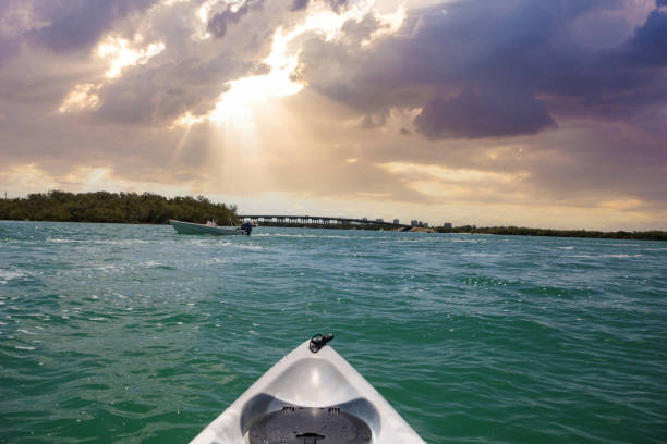 Colorful boat lies beached near palm trees with beautiful clouds on the horizon.