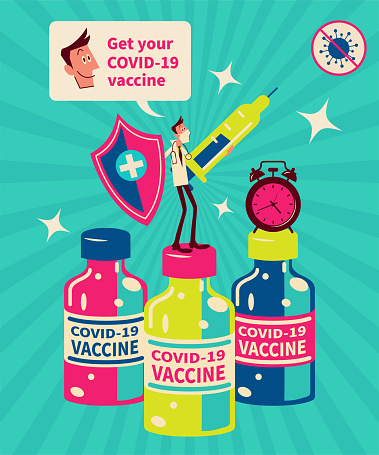 Healthcare and Medicine Cartoon Characters Design Vector Art Illustration.
Time to speed up vaccination, one doctor wearing a face mask stands on different COVID-19 Vaccines and holds a big syringe to fight against Coronavirus.