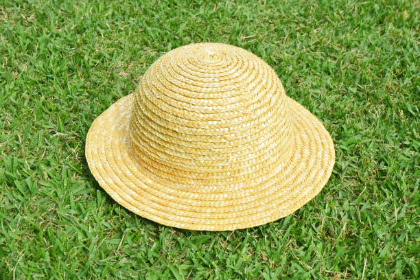 istock Pretty straw hat lay on a green lawn background 1324128313