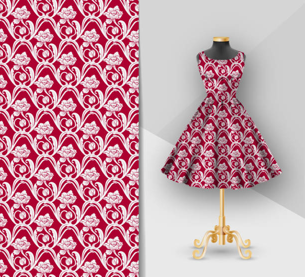 Fashion red fabric printed dress on a black mannequin. Dress clothes realistic 3d mockup. Seamless crimson Flower pattern in ethnic painting style. Fashion red fabric printed dress on a black mannequin. Dress clothes realistic 3d mockup. Seamless crimson Flower pattern in ethnic painting style. Vector illustration red clothing stock illustrations