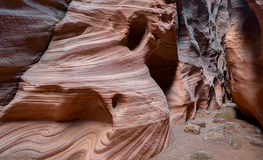 big hole between the rocks in Lower Antelope Canyon. Page, Arizona. USA