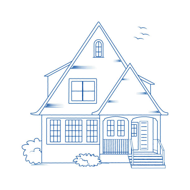 Blue color outline architectural sketch of a detached family house with garden. Vector Blue color outline architectural sketch of a detached family house with garden. victorian house stock illustrations