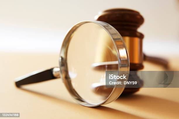 Magnifying Glass And Gavel Stock Photo - Download Image Now - Legal System, Magnifying Glass, Scrutiny
