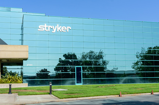 Stryker sign and logo at medical technologies firm Stryker Corporation headquarters in Silicon Valley - Fremont, CA, USA - 2020