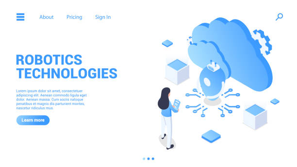 Robotics technology. Vector illustration in isometric style. Isolated on white background. Technological concept. Cloud artificial intelligence, robot helper, virtual assistant. bionic woman cartoon stock illustrations