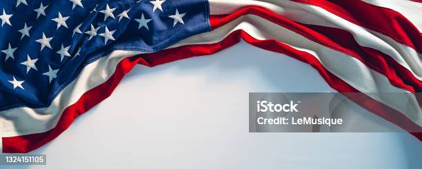 Us Flag On White Paint Texture 4th Of July Usa Independence Day Banner Copy Space Stock Photo - Download Image Now