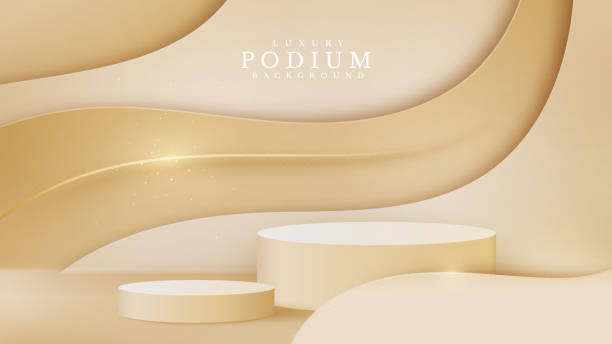 istock Luxury abstract background scene. golden curve lines along with cylinder shape podium for show product. cream shade color stage about sweet feeling. realistic paper cut style. 1324155783