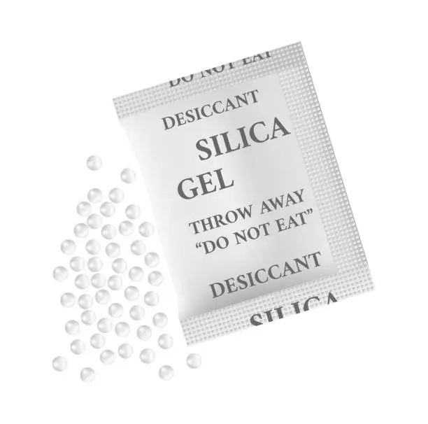 Vector illustration of Vector illustration of silica gel in a white bag with a scattered pile of desiccant polymer balls isolated on white.