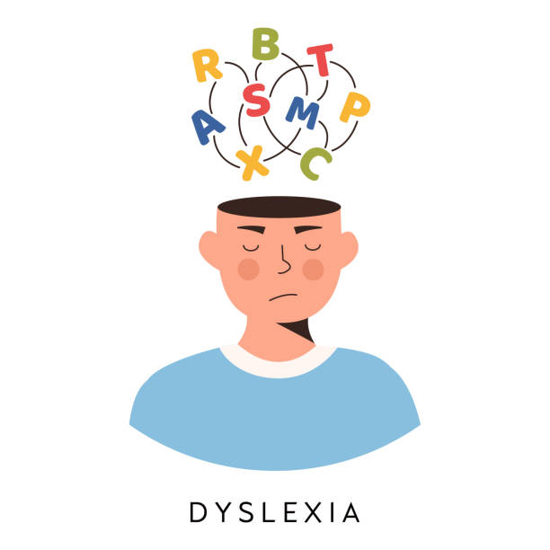 ilustrações de stock, clip art, desenhos animados e ícones de dyslexia concept. young boy having learning difficulty. messed letters, confused head. logopedy, speech therapy lessons, speech pathologist. vector character illustration in flat style. - dislexia ilustrações