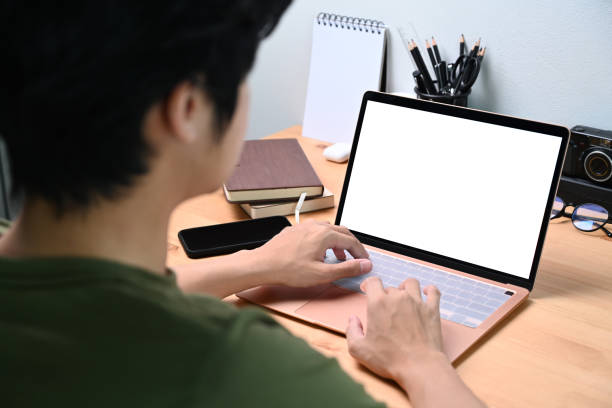 istock Rear view of young man using laptop computer in living room. 1324157808