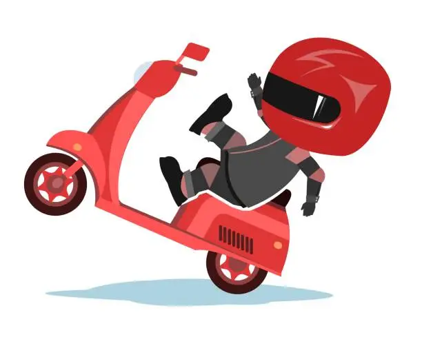 Vector illustration of Scooter driver. Biker Cartoon. Child illustration. Accident. In a sports uniform and a red helmet. Cool motorcyclist. Isolated on white background. Vector