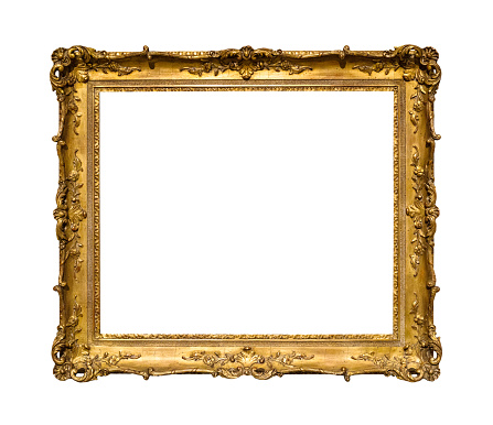 old ornamental golden picture frame with cut out canvas isolated on white background