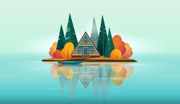 Wooden A-frame house on a small island Wooden A-frame house surrounded by fir trees and bushes and a boat near the shore on a small island on the lake. Lake island is reflected in the water. Flat vector illustration idyllic countryside stock illustrations