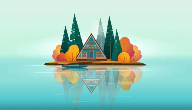 Vector illustration of Wooden A-frame house on a small island