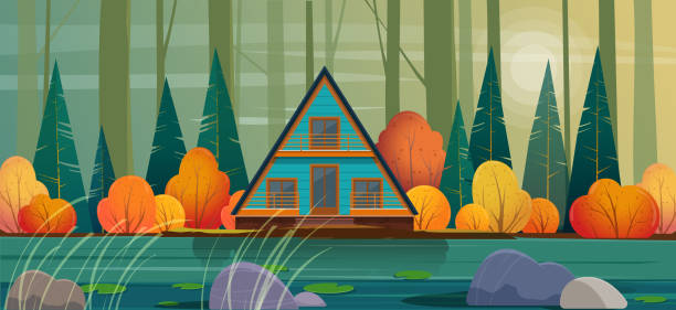 Tiny wooden house by the forest lake Wooden A-frame house in the autumn forest. Autumn landscape with a tiny house or cabin on the lake. Vector illustration triangle building stock illustrations