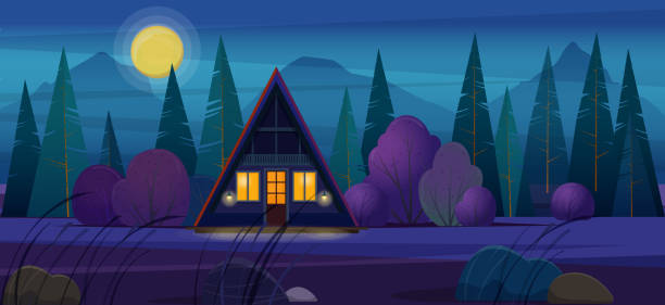 Night landscape with wooden timber frame house A-frame house with lights in windows in the night forest. Night landscape with wooden timber frame house surrounded by fir trees and bushes at night. Flat vector illustration. triangle building stock illustrations