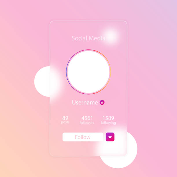 стиль глассморфизма. страница предва�рительного просмотра в социальных сетях. информация об интернет-профиле. следуйте кнопке. фото макет. � - биография stock illustrations