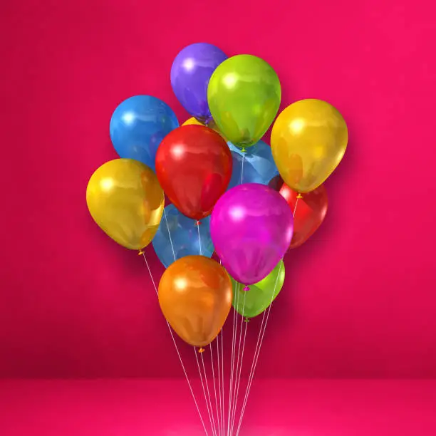 Colorful balloons bunch on a pink wall background. 3D illustration render