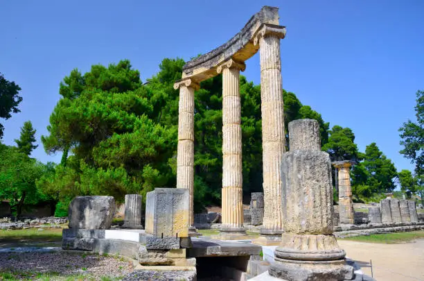 The Philippeion in the Altis of Olympia was an Ionic circular memorial in limestone and marble. UNESCO World Heritage site.