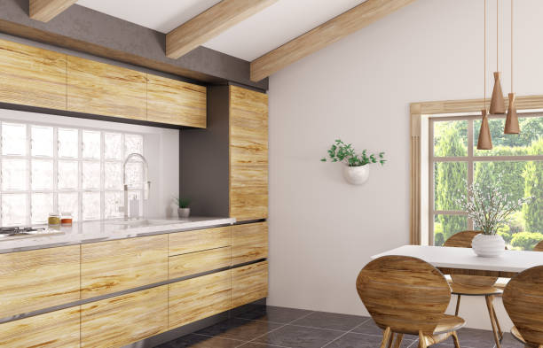 istock Modern interior design of wooden kitchen with window 3d rendering 1324168648